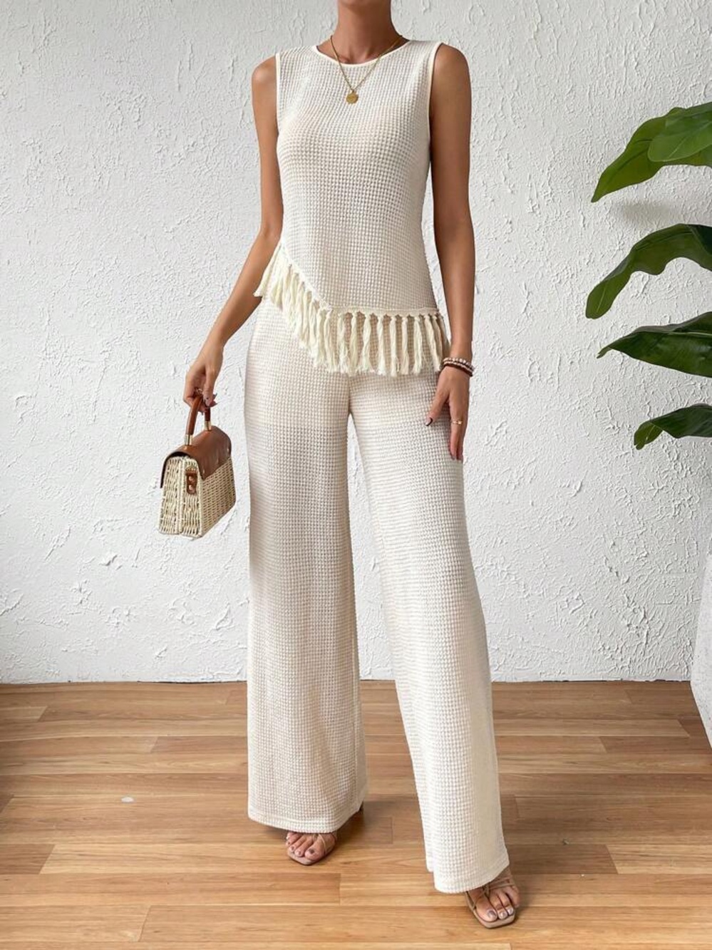 Women’s Cream Wide-Leg pants set with Fringe L